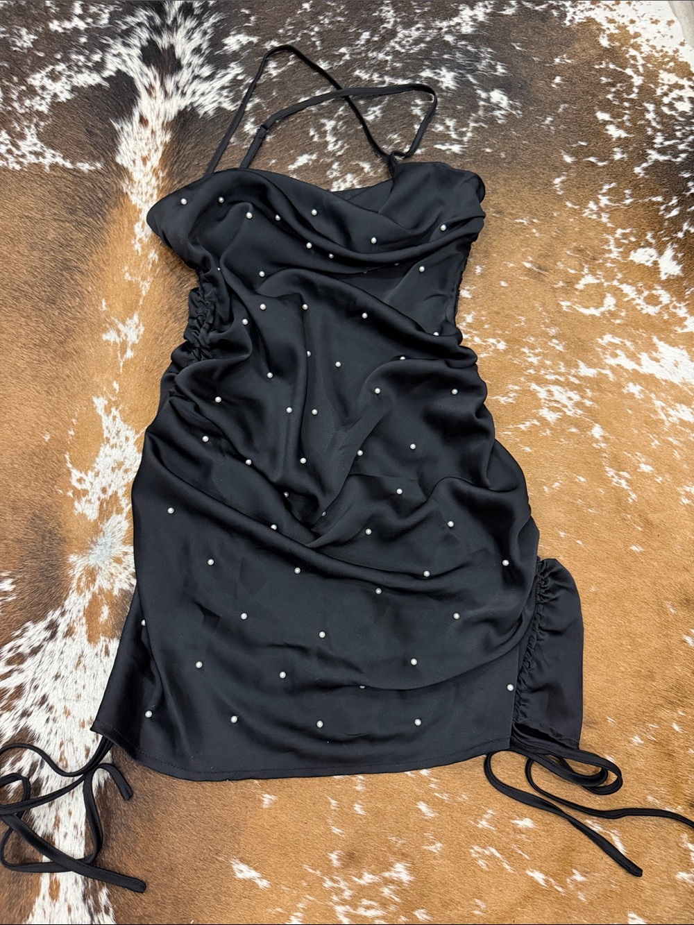 Black Pearl-Embellished Satin Slip Dress